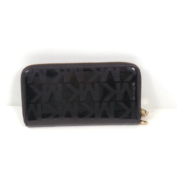 Michael Kors MK Jet Set Travel Continental Zip Around Wallet BLACK Patented Leat - Picture 2 of 3